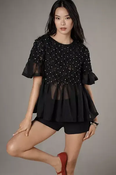 Maeve Short-sleeve Rhinestone Sheer Babydoll Blouse In Black