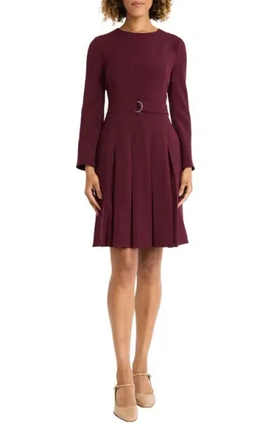 Maggy London Seamed Pleated Long Sleeve Dress In Burgundy