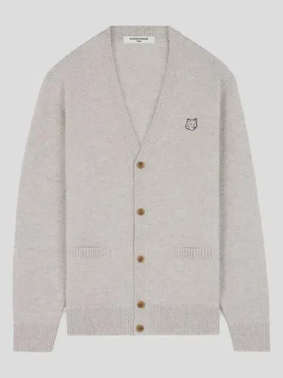 Maison Kitsuné Logo-embroidered Wool Cardigan In Gray