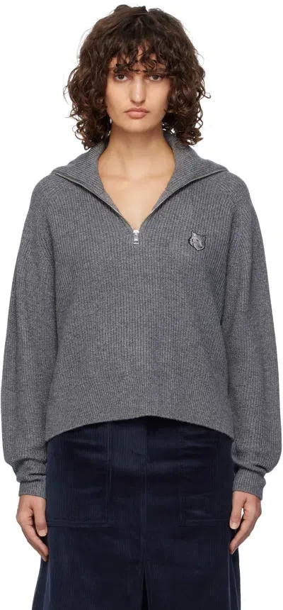 Maison Kitsuné Gray Bold Fox Head Patch Half Zip Ribbed Sweater In Medium Grey Melange