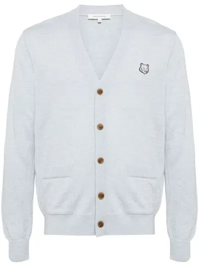 Maison Kitsuné Fox Head-appliqué Wool Cardigan In Blue