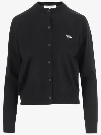 Maison Kitsuné Wool Cardigan With Fox Patch In Black