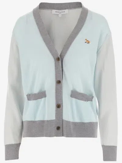 Maison Kitsuné Wool Cardigan With Fox Patch In Peppermint