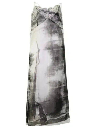 Maison Margiela Lace Trim Abstract-print Midi Slip Dress In Gray