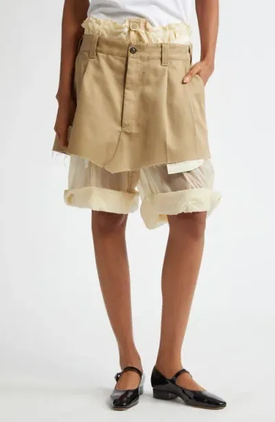 Maison Margiela Layered Cuffed Hem Shorts In Camel/butter