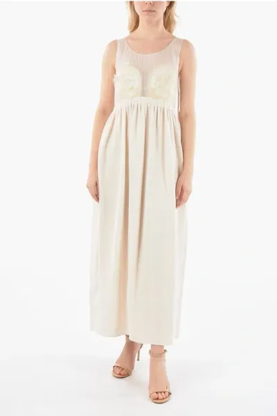 Maison Margiela Mm1 Sleeveless Silk Dress With Chiffon Embroidered Bodice An In Cream