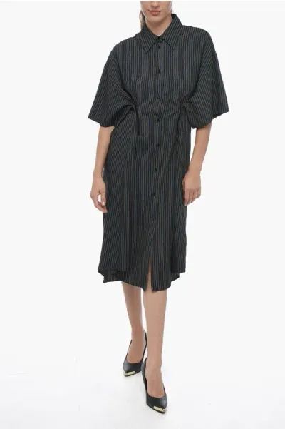 Maison Margiela Mm6 Single-pleated Cotton Shirt Dress With Balanced Stripe M In Black