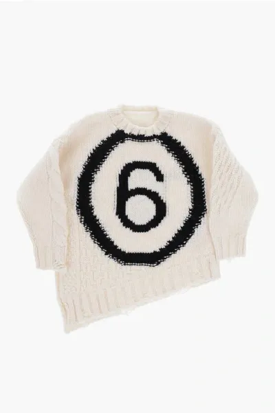 Maison Margiela Mm6 Wool Blend Crew-neck Sweater With Asymmetrical Hem In Neutral