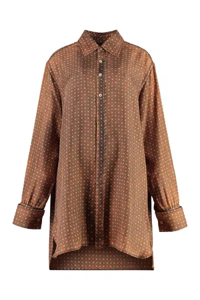 Maison Margiela Pois Print Silk Georgette Long Shirt In Brown