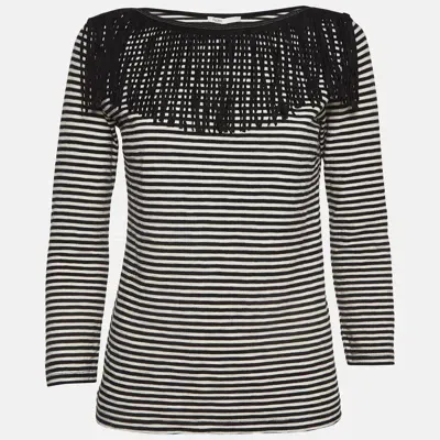 Pre-owned Maje Black/white Stripe Cotton Fringed Detail T-shirt M