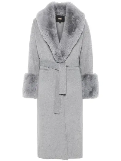 Maje Faux-fur-trim Coat In Gray