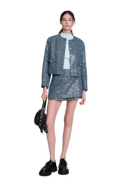 Maje Sequinned Bouclé Jacket In Blue