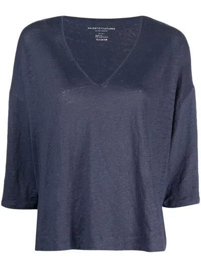 Majestic V-neck Three-quarter Sleeved Top In Blue