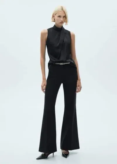 Mango High Neck Draped Satin Blouse Black