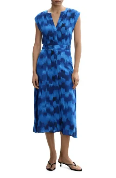 Mango Abstract Print Belted Dress In Blue