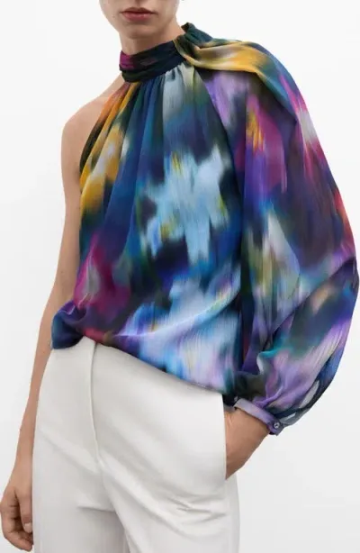 Mango Asymmetric Print One-shoulder Top In Blue