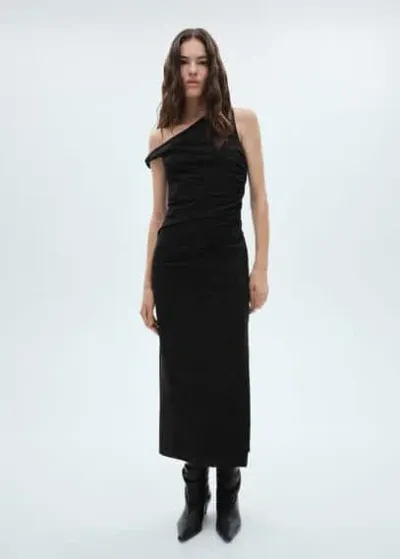 Mango Asymmetrical Dress With Gathered Details Black