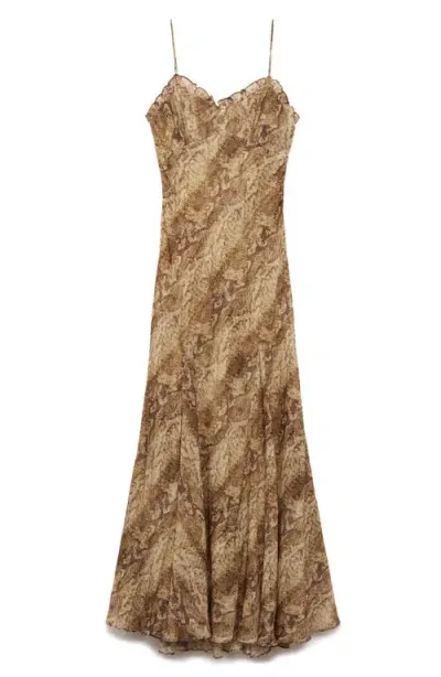 Mango Bella Print Ruffle Trim Maxi Dress In Brown