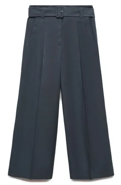 Mango Belted Ankle Straight Leg Pants In Blue