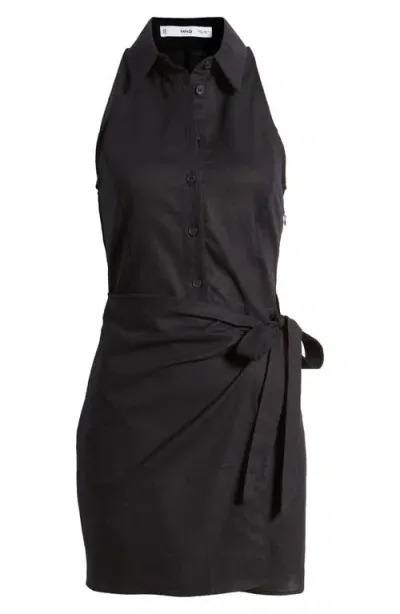 Mango Capri Side Tie Cotton Blend Shirtdress In Black