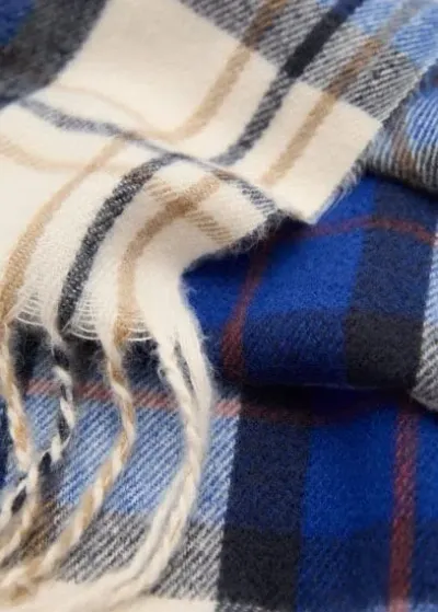 Mango Checkered Scarf With Fringed Ends Blue