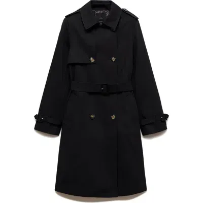 Mango Classic Double Breasted Water Repellent Cotton Trench Coat In Black