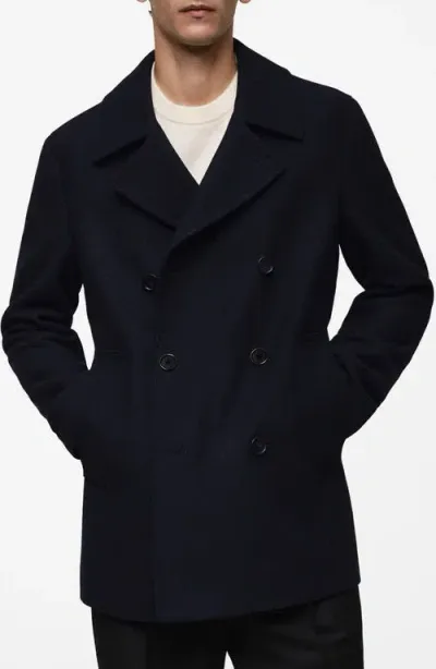 Mango Double Breasted Wool Blend Coat In Dark Navy