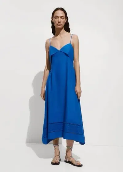 Mango Embroidered Dress With Turn-down Neckline Blue