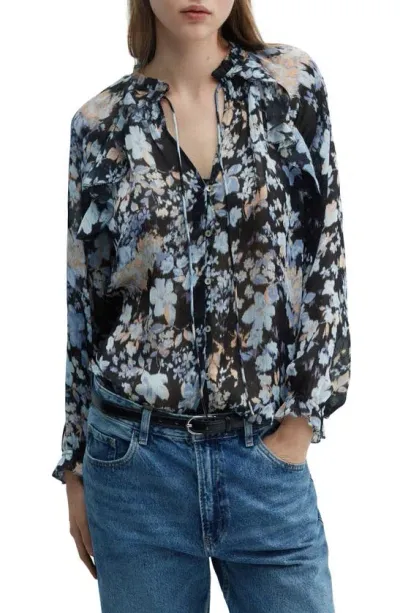 Mango Floral Print Tie Neck Blouse In Black