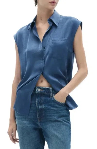 Mango Hammered Satin Cap Sleeve Button-up Shirt In Blue