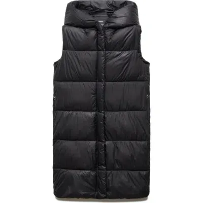 Mango Long Quilted Water Repellent Hooded Puffer Vest In Black