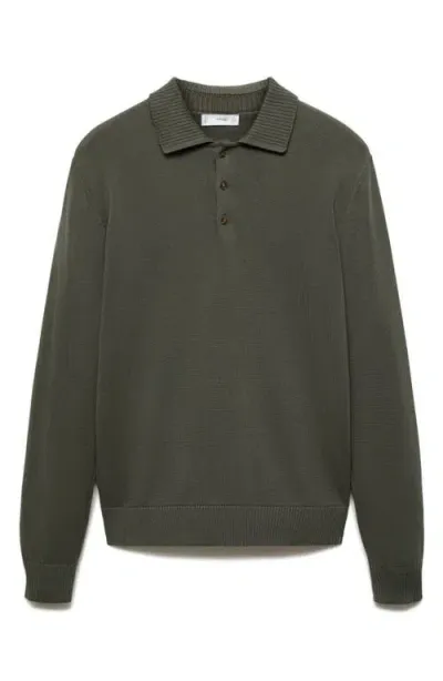 Mango Long Sleeve Fine Knit Polo Sweater In Forest Green