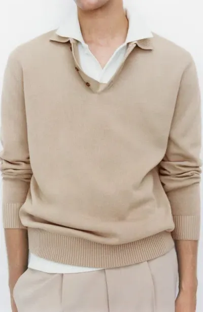 Mango Long Sleeve Fine Knit Polo Sweater In Light,pastel Gray