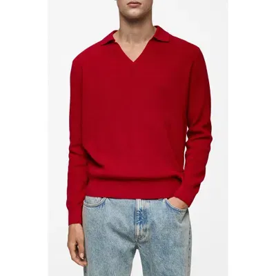 Mango Long Sleeve Rib Knit Polo Sweater In Red