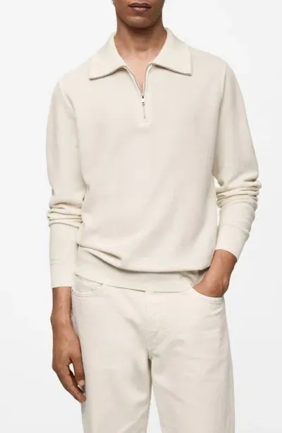 Mango Long Sleeve Zip Polo In Off White