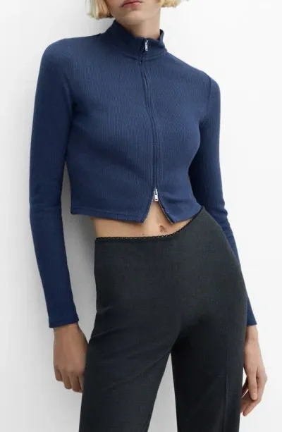 Mango Loreto Front Zip Crop Rib Jacket In Blue