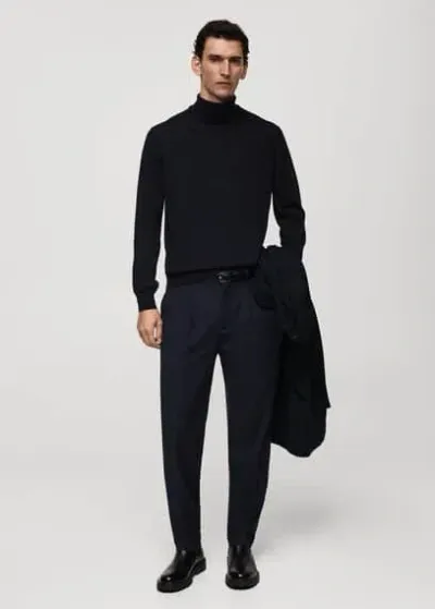 Mango Man 100% Merino Wool Turtleneck Sweater Dark Navy