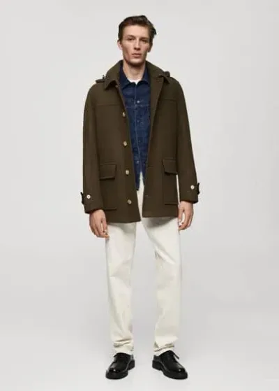 Mango Man Detachable Hood Wool Coat Khaki