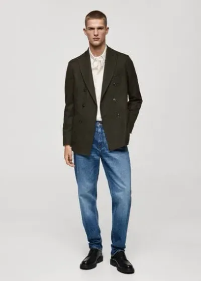 Mango Man Herringbone Slim-fit Double-breasted Jacket Green