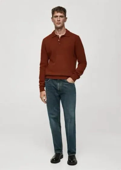 Mango Man Polo Collar Wool Sweater Burnt Orange