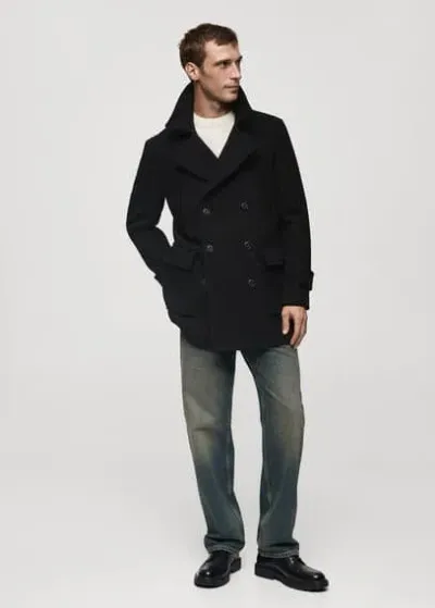 Mango Man Recycled Wool Double-breasted Coat Black