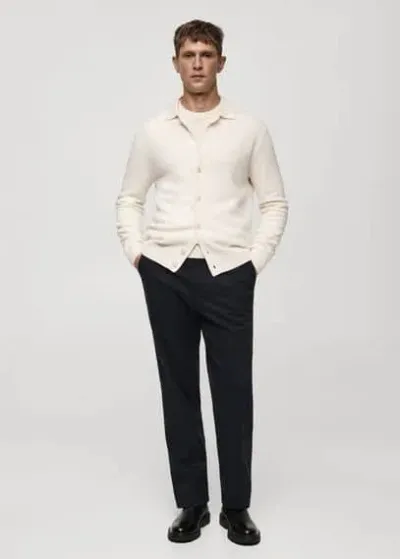 Mango Man Rib Knitted Wool Cardigan Off White