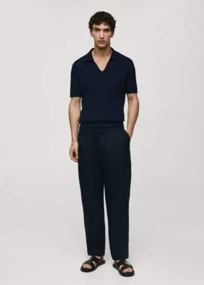 Mango Man Ribbed Knit Polo Shirt Dark Navy