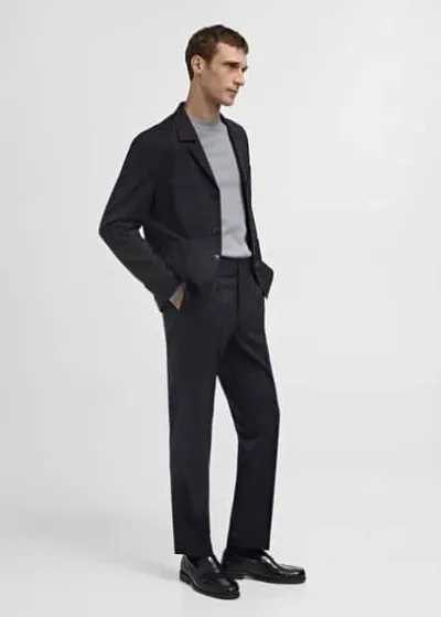 Mango Man Slim Fit Wool Suit Trousers With Stripes Dark Navy