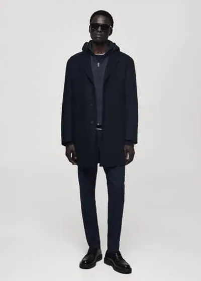 Mango Man Wool Coat With Quilted Interior Hood Dark Navy