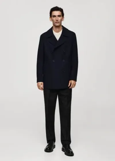 Mango Man Wool Double-breasted Coat With Buttons Dark Navy