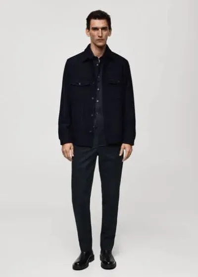 Mango Man Wool Overshirt With Pockets Dark Navy