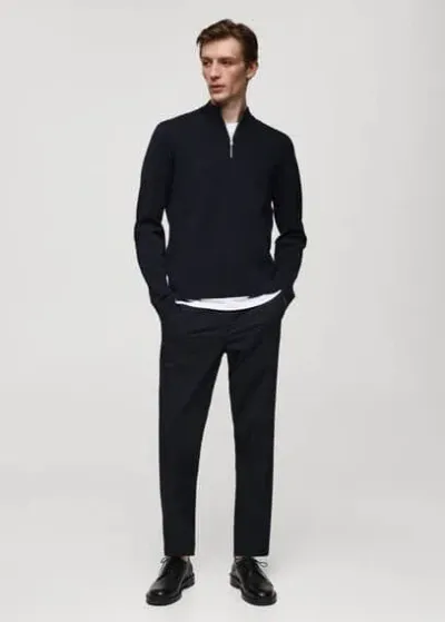 Mango Man Zipped High Collar Sweater Dark Navy