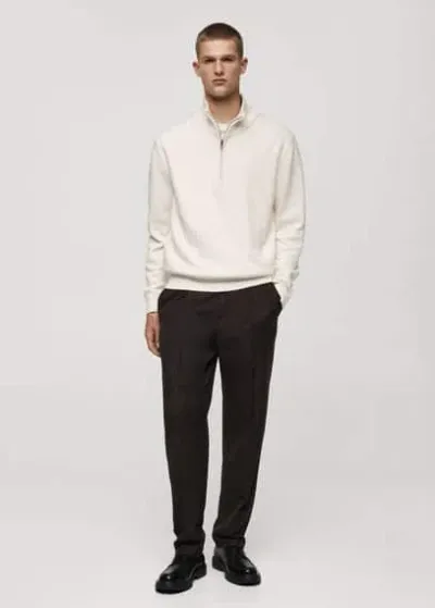 Mango Man Zipped High Collar Sweater Off White