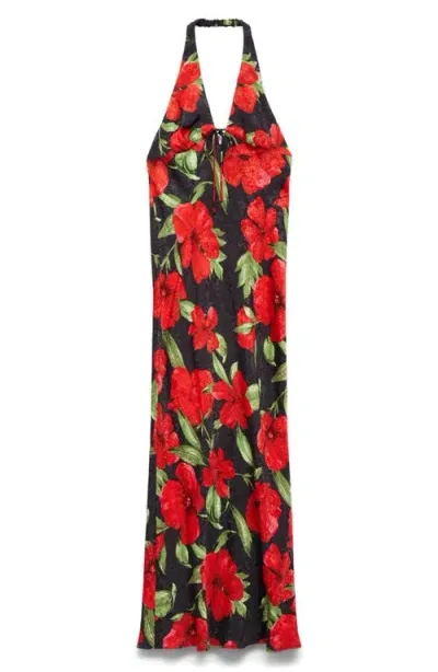 Mango Mati Floral Halter Maxi Dress In Black